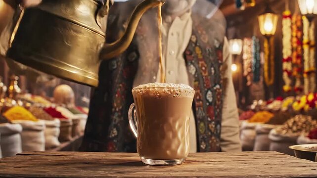 Pouring Indian Masala Chai from Ornate Brass Kettle in Market