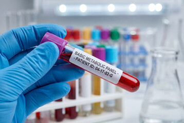 Fototapeta premium Hand in blue glove holding a basic metabolic panel blood sample tube