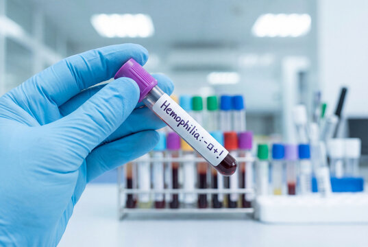 Hand in blue glove holding a hemophilia blood sample tube in a laboratory