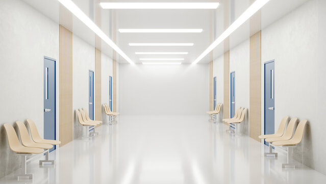 White bright corridor hallway with blue doors and row chairs over polished floor in modern building