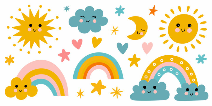 Cute cartoon suns moons rainbows and clouds with smiling faces