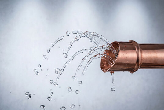 Clear water spewing from copper drainpipe with dynamic sparkling droplets