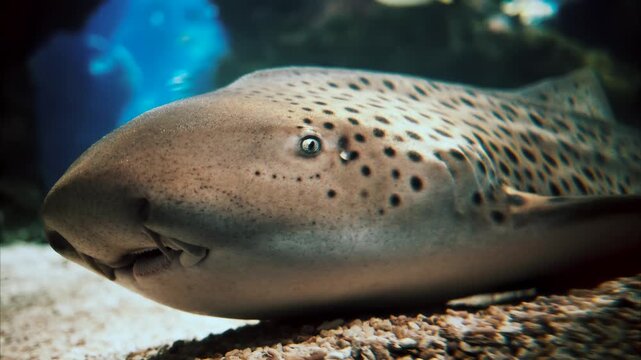 Close up shot of leopard shark resting on sandy bottom with gentle gill movement, underwater animal footage.
