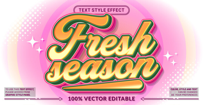 Editable text effect vector &ldquo;Fresh Season&rdquo; features bright cheerful lettering with fresh tones, perfect for seasonal themes, lifestyle designs, promotions, and vibrant visuals.