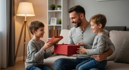 Fototapeta premium Happy Father with Sons Opening Red Gift Box Together