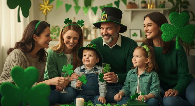 Family Celebrating St Patrick's Day with Shamrocks Indoors Together