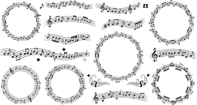 Musical Notes Frame and Border Set with Circular Staff Lines, Melody Waves and Decorative Music Elements for Design, Invitations, Posters and Creative Projects