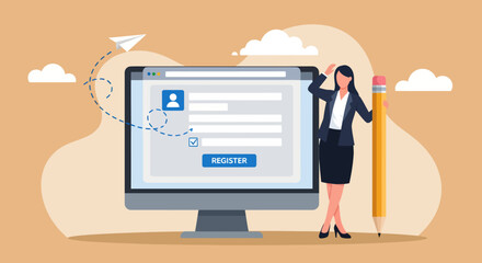 A stylish businesswoman stands confidently beside a massive desktop monitor displaying an online registration form, clutching a giant yellow pencil to symbolize this digital sign-up process perfectly © Skyframe