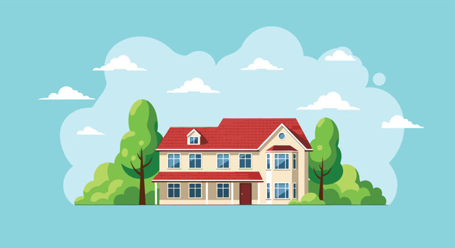 Large suburban residential house with red tiled roof and beige exterior walls nestled among green trees under a bright blue sky with clouds.