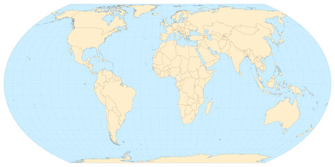 High-quality world map vector in Equal Earth projection with atlas-style colors and balanced proportions. Editable vector with layers named by country (English) © StockByFakt