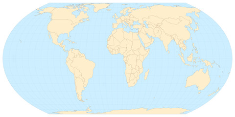 Simplified world map vector in Equal Earth projection (110m) with atlas-style palette and clean shapes. Editable vector with layers named by country (English) © StockByFakt