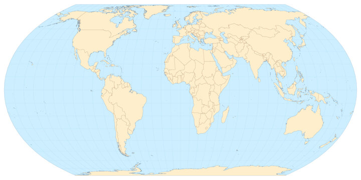 High-quality world map vector in Equal Earth projection with atlas-style colors and balanced proportions. Editable vector with layers named by country (English)
