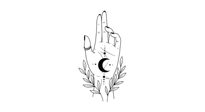 Mystical illustration of a hand with long fingers featuring a black crescent moon and botanical leaves along with various occult symbols.