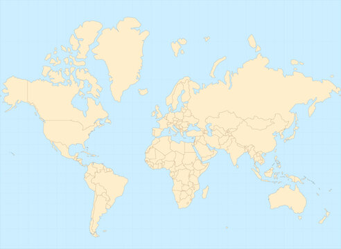 Simplified world map vector in Mercator projection (110m), cropped 85&deg;N&ndash;60&deg;S and centered on Europe (10&deg;E). Atlas-style palette. Editable vector with layers named by country (English)