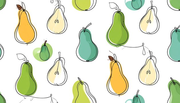A delightful pattern features stylized pears with varied colors and intricate outlines on a white background, creating a fresh aesthetic