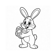 Fototapeta premium Cartoon rabbit happily holding a decorated easter egg in its paws