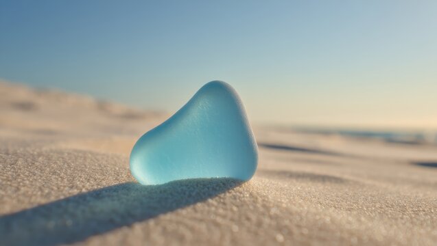 Close up of blue sea glass on sandy beach
