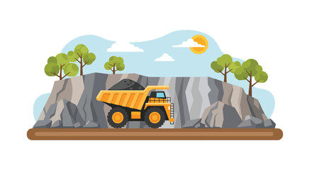 Modern vector illustration of heavy mining dump truck loaded with ore in quarry environment, industrial transport concept © Amie