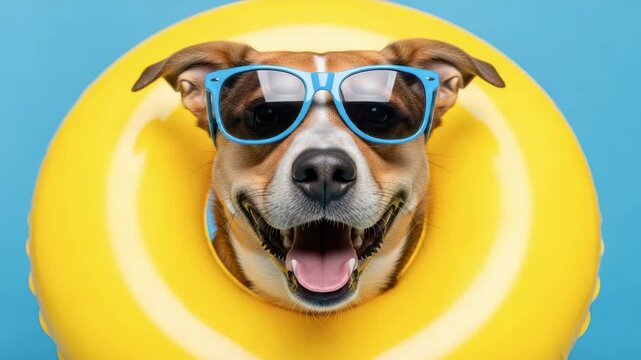 Dog wearing blue sunglasses smiles while floating in a yellow inflatable ring against a bright blue background, showcasing a playful summer vibe