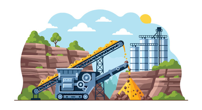 Modern vector illustration of mining processing plant with crusher machine and conveyor belt system, mineral refining and industrial manufacturing concept