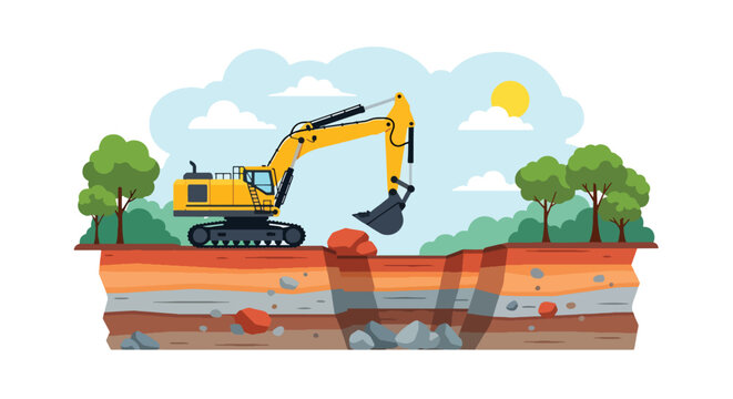 Heavy excavator digging layered soil in open pit mining site, detailed earth cross section showing geology strata, flat vector illustration of construction, industry and excavation process