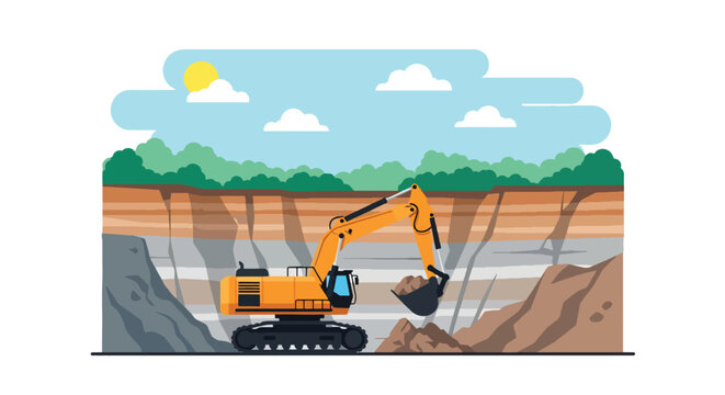 Heavy excavator digging layered soil in open pit mining site, detailed earth cross section showing geology strata, flat vector illustration of construction, industry and excavation process