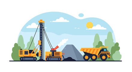 Flat style vector illustration of mining drilling rig blasting rock with explosion effect and dump truck loading materials, industrial extraction process in open pit quarry site © Amie