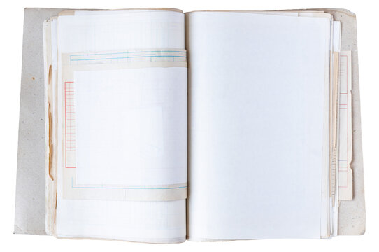 Open vintage ledger book file folder with blank aged pages and sales receipts isolated on white