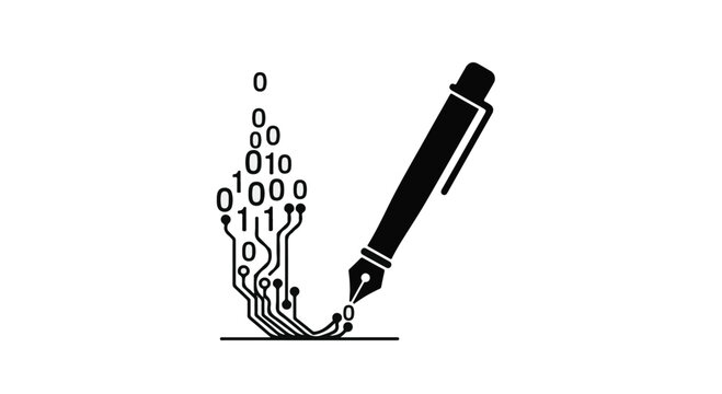 Fountain pen draws circuit board traces flowing into binary code digits.