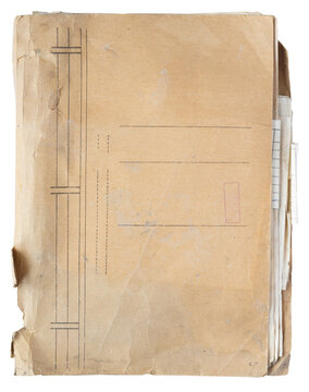 Old worn paper file folder with stacked documents and archive tabs isolated on white, concept for bureaucracy records storage and office paperwork