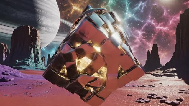 Futuristic abstract glowing cube on a colorful alien landscape with a space sky and a ringed planet