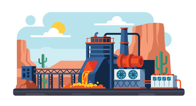 Flat style vector illustration of metal smelting plant with furnace pouring molten material, industrial metallurgy process and heavy manufacturing environment