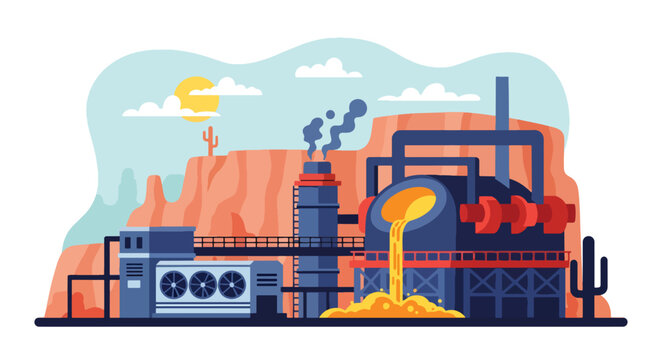 Flat style vector illustration of metal smelting plant with furnace pouring molten material, industrial metallurgy process and heavy manufacturing environment