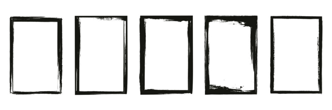 Set of vertical rectangular grunge frames with rough brush strokes and distressed ink texture.