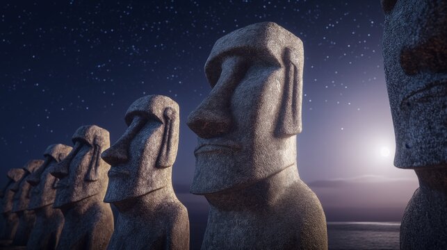 Moai statues on Easter Island watching rising moonlight. Ancient Moai statues standing by the ocean under a night sky with bright moonlight