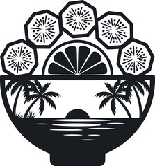 Obraz premium Acaibowl silhouette with tropical fruit slices and palm tree sunset scenery vector illustration icon