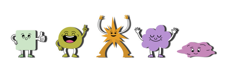 Fototapeta premium A collection of five cute and colorful cartoon characters with distinct shapes and expressions.