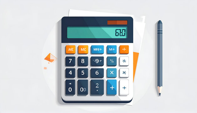 Calculator and pencil on white paper vector illustration; calculation tool device