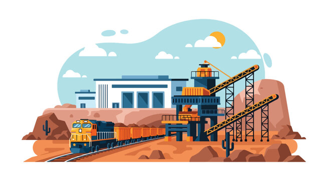 Flat style vector illustration of mining train transporting ore with conveyor system into industrial facility, showcasing resource logistics and extraction workflow