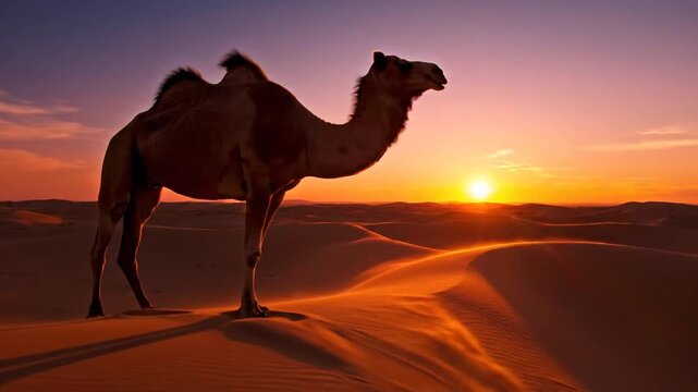 Camel silhouetted on a desert sand dune at sunset