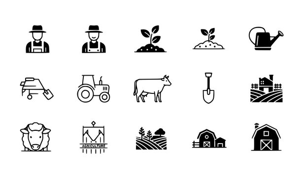 Minimal Farmer and Agriculture Icons Black Farming Vector Set