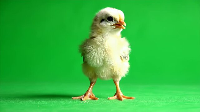 Single Baby Chick on Green Screen - This stock video showcases a single, yellow baby chick standing with a slightly grumpy expression on a green screen background.