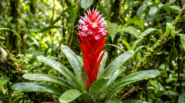 Vibrant red bromeliad flower blooming in a lush tropical rainforest jungle setting