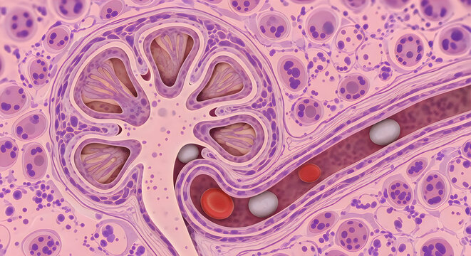 Microscopic image of kidney tissue with glomeruli and blood vessels for medical research and education