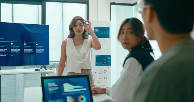 Group of Asian businesspeople work together leads business meeting uses presentation TV with revenue, profit or sale statistics in office. Financial generation z team brainstorm on e-Commerce project.