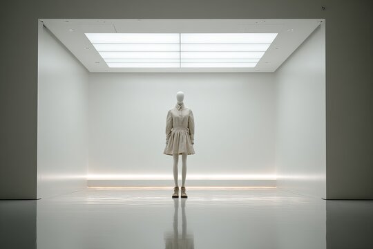 A faceless mannequin wearing a designer outfit in a white void space, conceptual fashion, shot with Nikon Z9, 35mm lens, minimalist high contrast palett/ Silhouette of Woman Walking in Minimalist Whit
