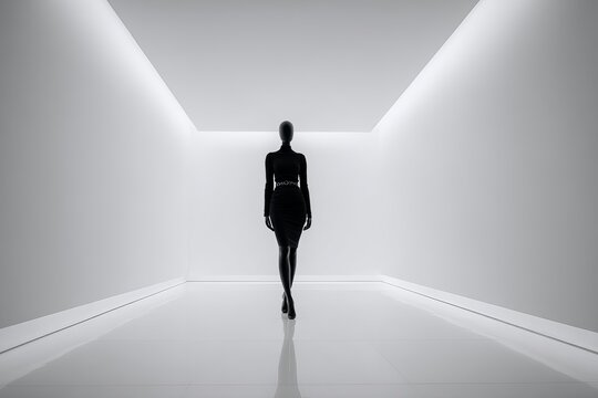 A faceless mannequin wearing a designer outfit in a white void space, conceptual fashion, shot with Nikon Z9, 35mm lens, minimalist high contrast palette