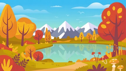 Autumn landscape with lake, trees and mountain scenery