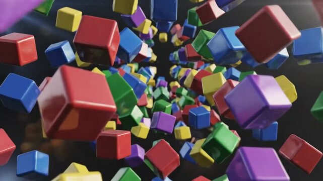 Colorful cubes swirling through space creating an abstract explosion against a dark background.