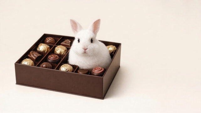 White rabbit in assorted chocolate gift box with copy space